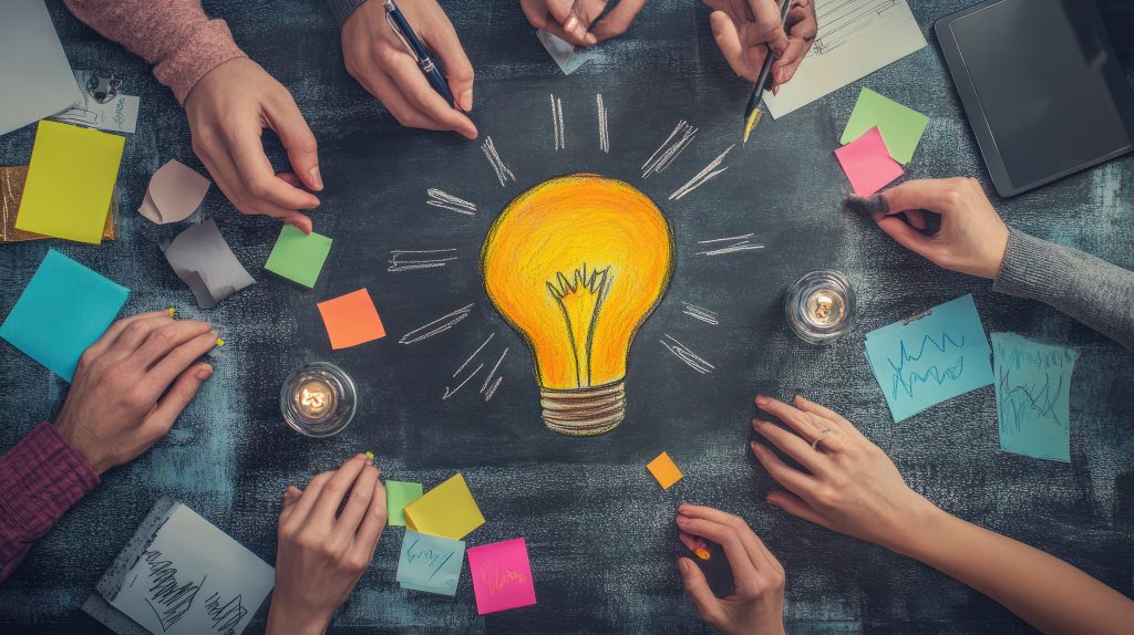 "A group of people collaborating around a table with a brightly colored drawing of a light bulb in the centre, surrounded by various sticky notes, papers, and pens."